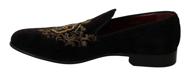 Black Velvet Gold Crown Mens Loafers Shoes