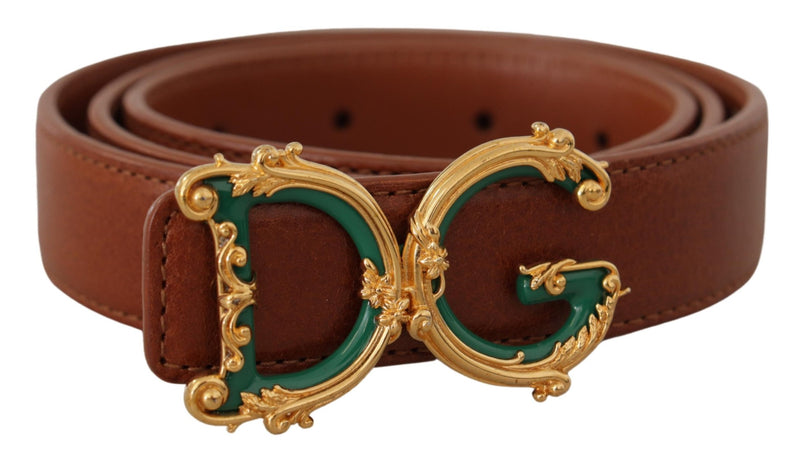 Brown Leather Baroque Gold DG Logo Waist Buckle Belt