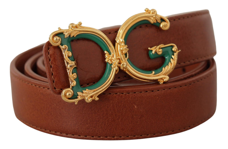 Brown Leather Baroque Gold DG Logo Waist Buckle Belt