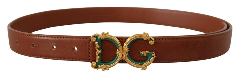 Brown Leather Baroque Gold DG Logo Waist Buckle Belt