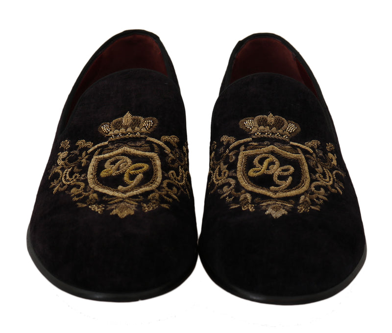 Black Velvet Gold Crown Mens Loafers Shoes