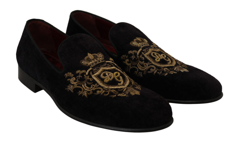 Black Velvet Gold Crown Mens Loafers Shoes