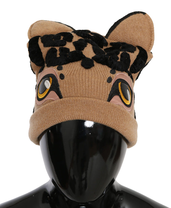 Brown Cashmere Knitted Animal Design Beanie Hat