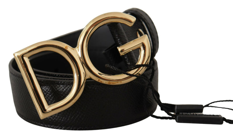 Black Leather Gold Metal DG Logo Waist Buckle Belt