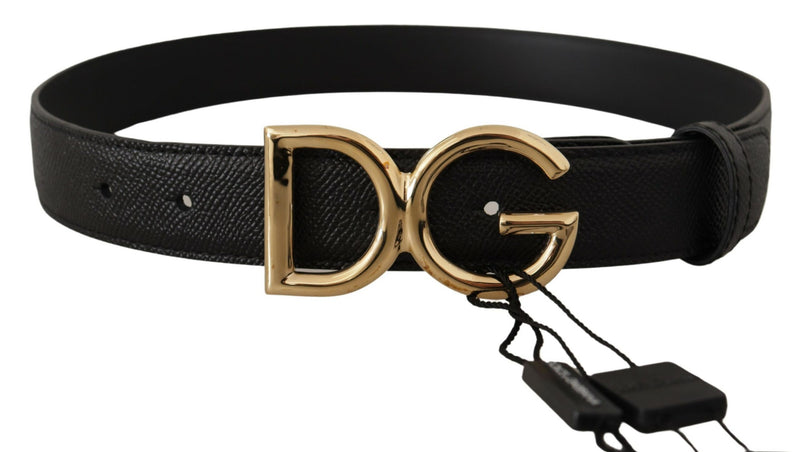 Black Leather Gold Metal DG Logo Waist Buckle Belt