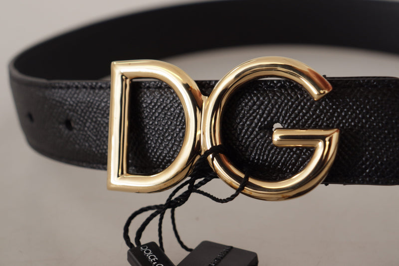 Black Leather Gold Metal DG Logo Waist Buckle Belt