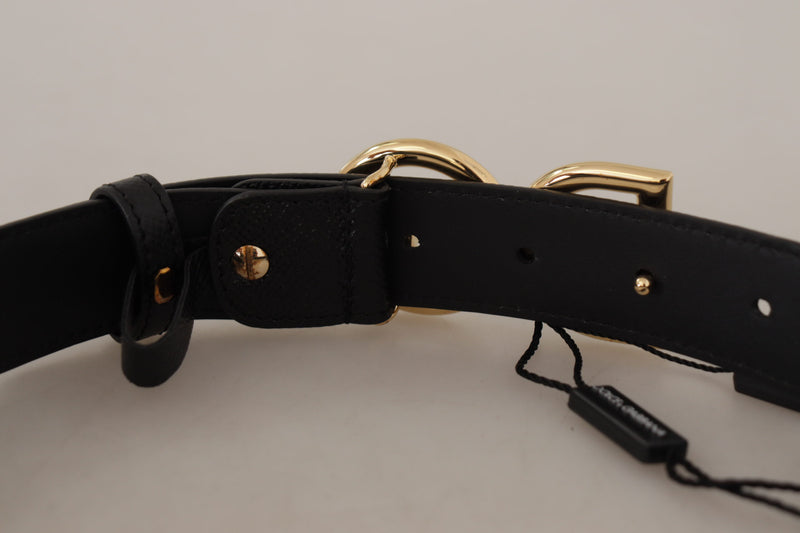 Black Leather Gold Metal DG Logo Waist Buckle Belt