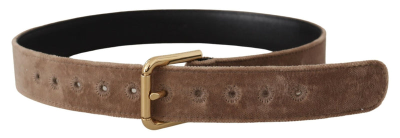 Light Brown Velvet Gold Tone Logo Metal Buckle Belt