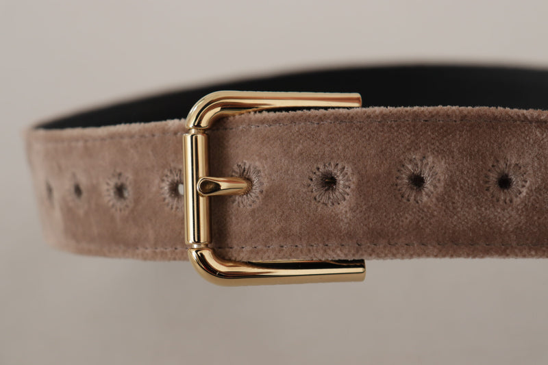 Light Brown Velvet Gold Tone Logo Metal Buckle Belt