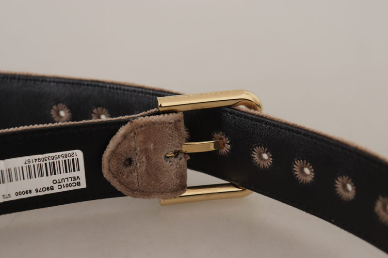 Light Brown Velvet Gold Tone Logo Metal Buckle Belt