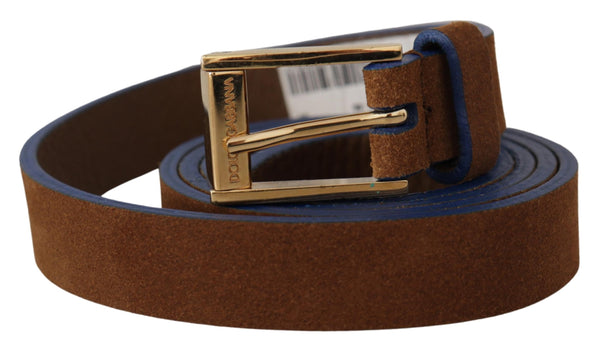 Dark Brown Blue Leather Gold Metal Buckle Belt