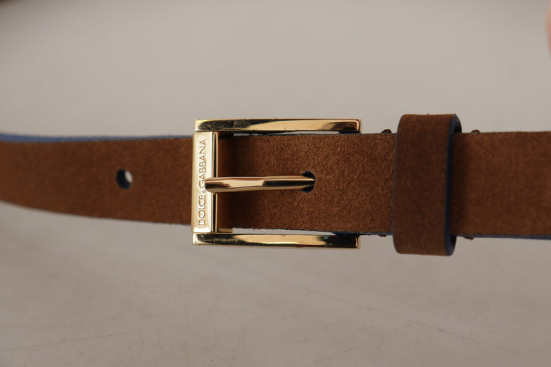 Dark Brown Blue Leather Gold Metal Buckle Belt