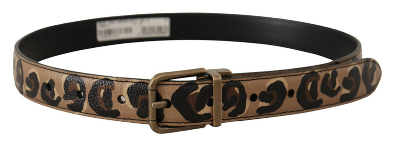 Brown Leather Leopard Print Bronze Metal Buckle Belt