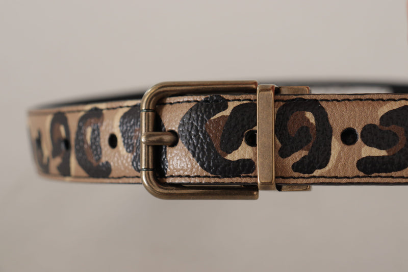 Brown Leather Leopard Print Bronze Metal Buckle Belt