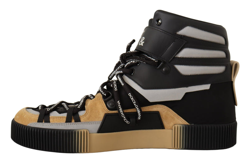 Black Beige Leather High Top Sneakers