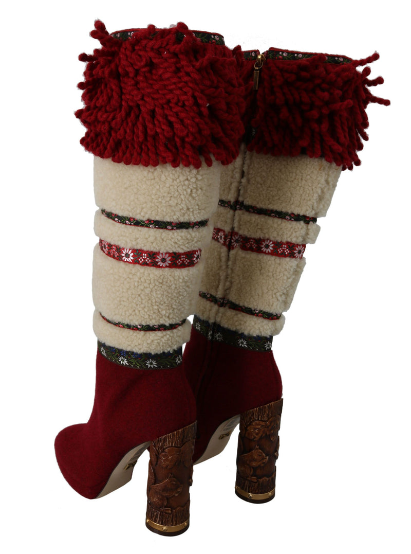 Red Wool Shearling Wooden Booties Boots Shoes