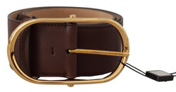 Dark Brown Leather Gold Metal Wide Waist Buckle Belt