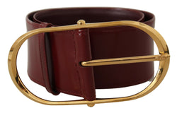 Maroon Wide Leather Gold Tone Metal Oval Buckle Belt