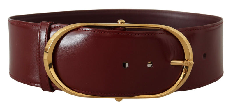 Maroon Wide Leather Gold Tone Metal Oval Buckle Belt