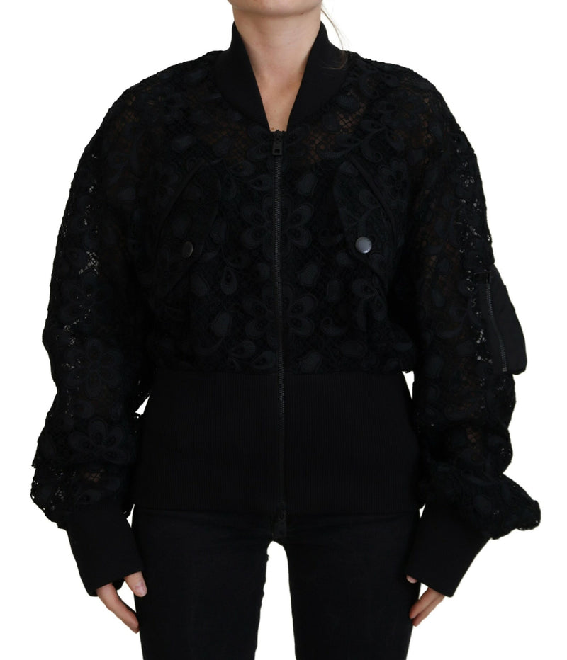 Black Floral Lace Cotton Full Zip Jacket