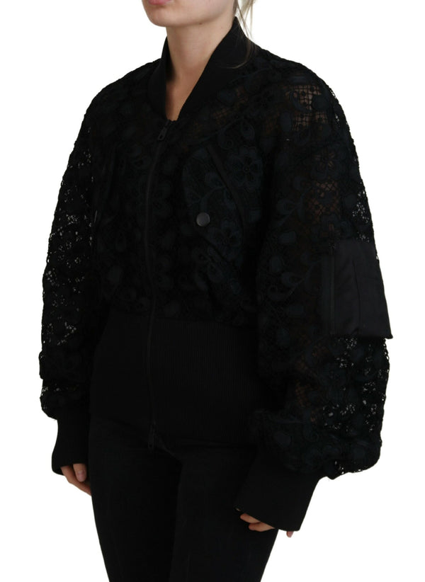 Black Floral Lace Cotton Full Zip Jacket