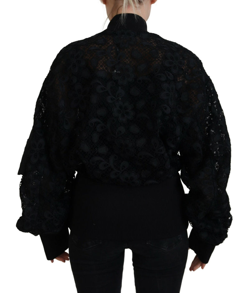 Black Floral Lace Cotton Full Zip Jacket