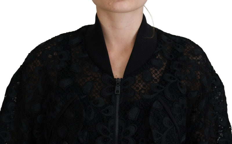 Black Floral Lace Cotton Full Zip Jacket