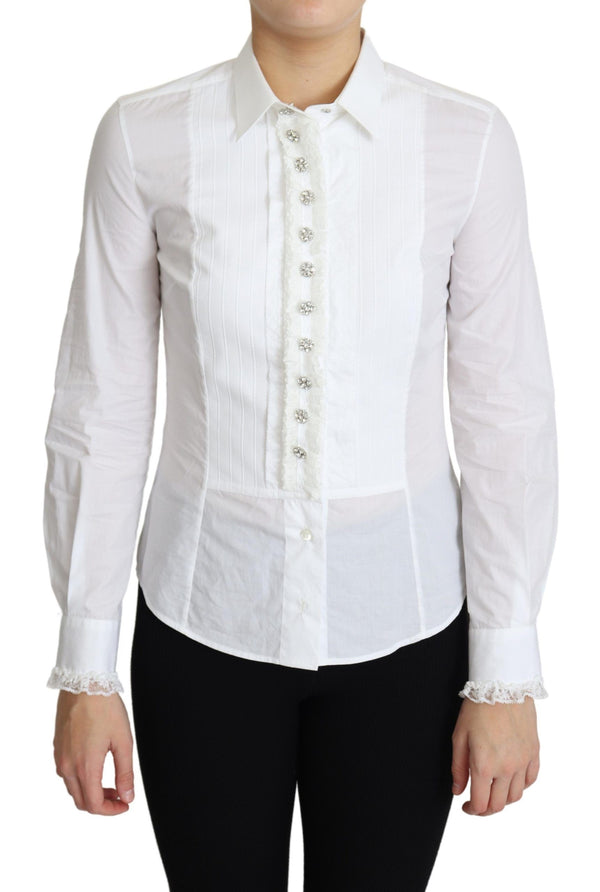 White Cotton Crystal Button Collared Top