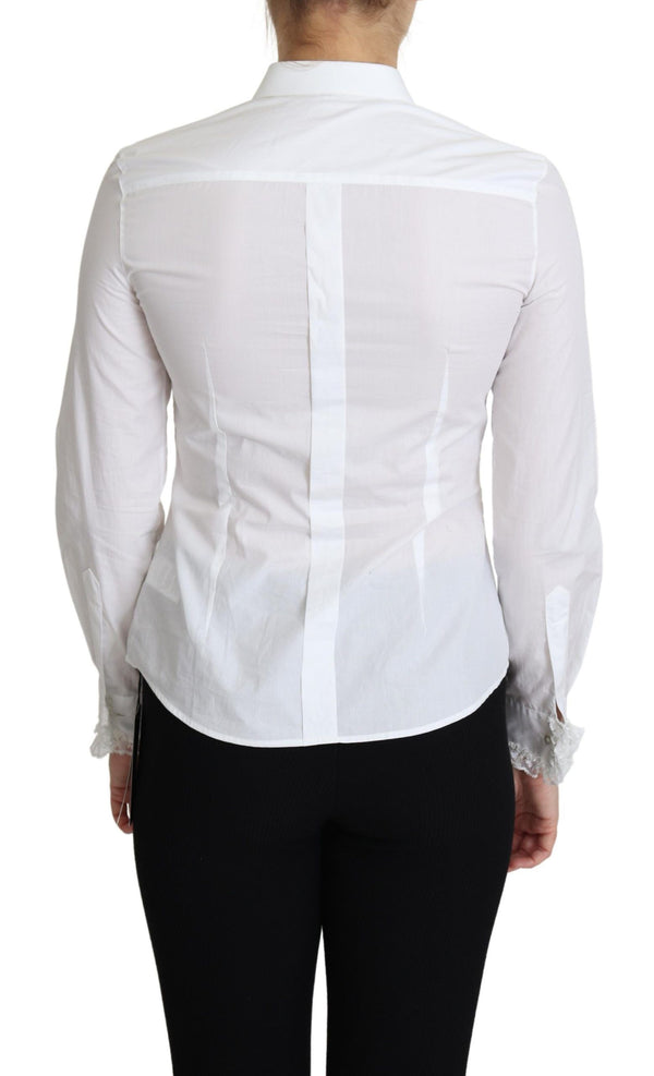 White Cotton Crystal Button Collared Top