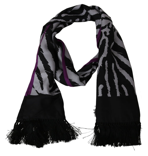 Black 100% Silk Printed Fringes Wrap Scarf