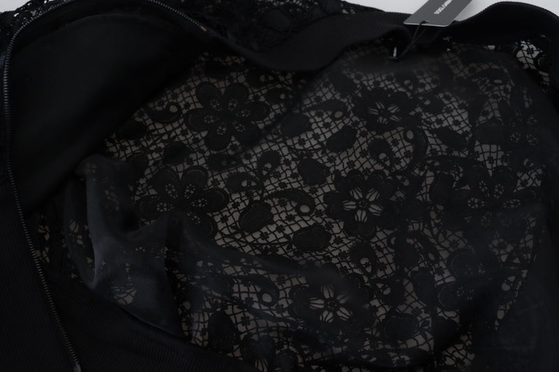 Black Floral Lace Cotton Full Zip Jacket