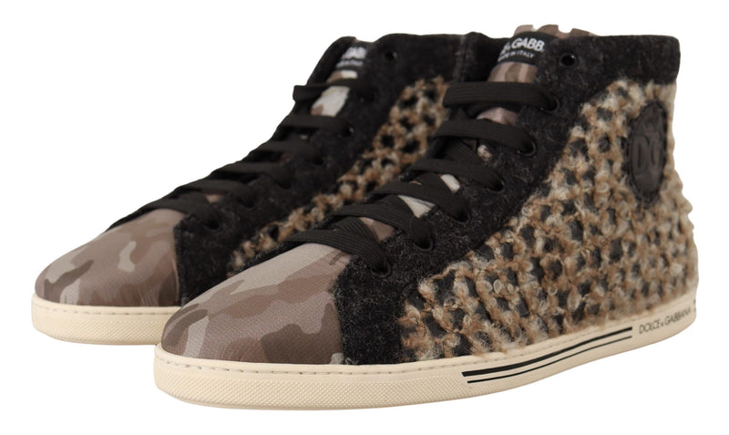 Beige Black Wool Cotton High Top Sneakers