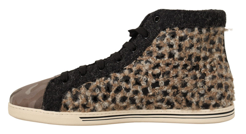 Beige Black Wool Cotton High Top Sneakers