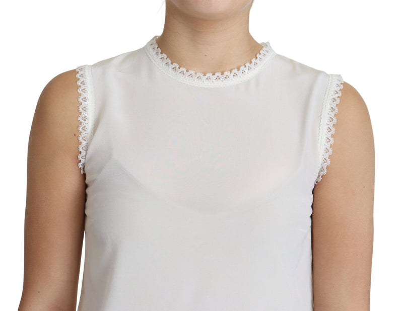 White Blouse Silk Lace Trimmed Sleeveless Top