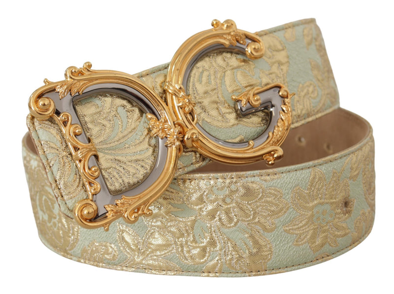 Green Wide Brocade Jacquard DG Logo Gold Buckle  Belt