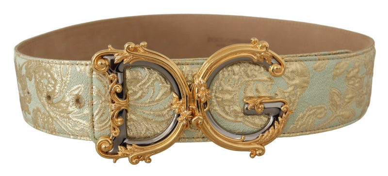 Green Wide Brocade Jacquard DG Logo Gold Buckle  Belt