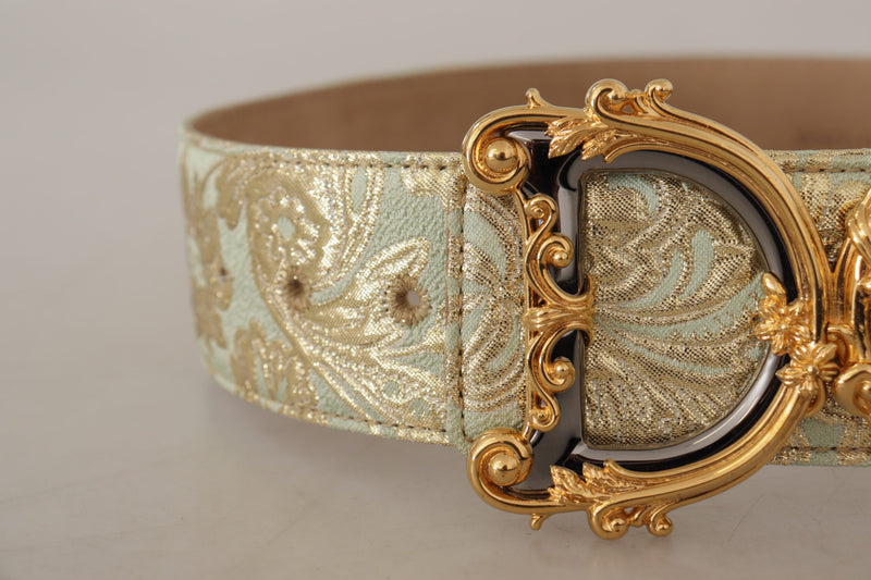 Green Wide Brocade Jacquard DG Logo Gold Buckle  Belt