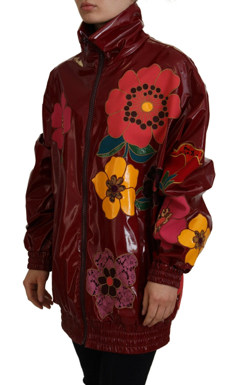 Maroon Floral Full Zip Polyester Women Jacket