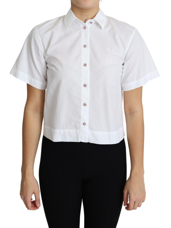 White Cotton Decorative Button Collared Top