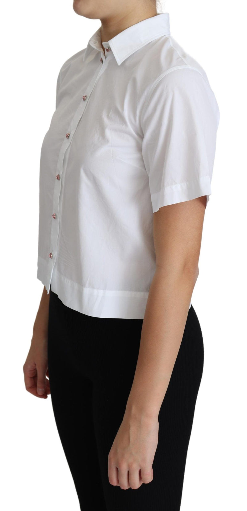 White Cotton Decorative Button Collared Top