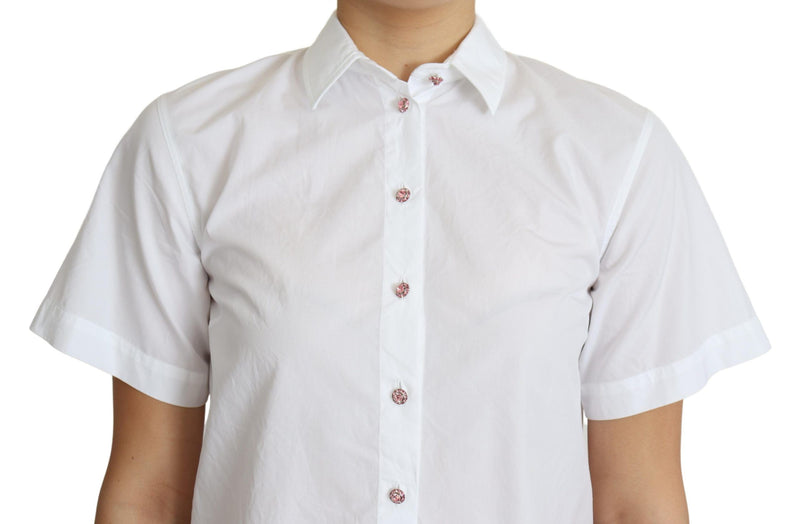 White Cotton Decorative Button Collared Top