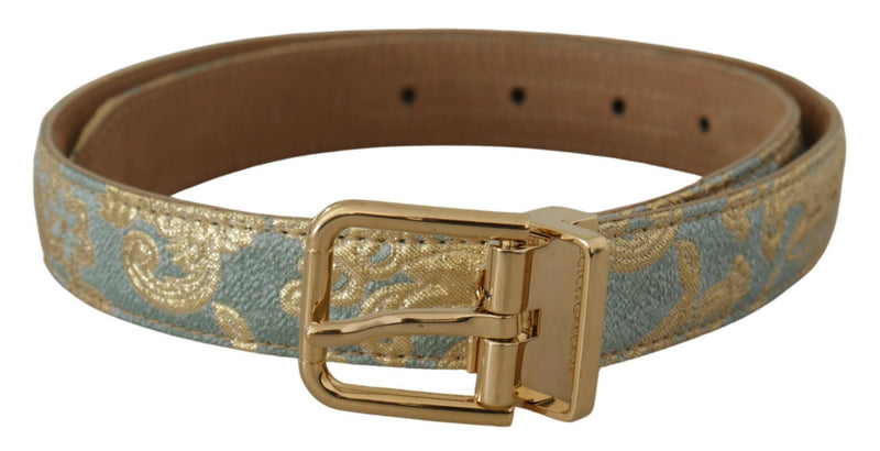 Blue Leather Jacquard Embossed Gold Metal Buckle Belt