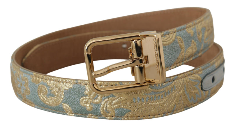 Blue Leather Jacquard Embossed Gold Metal Buckle Belt