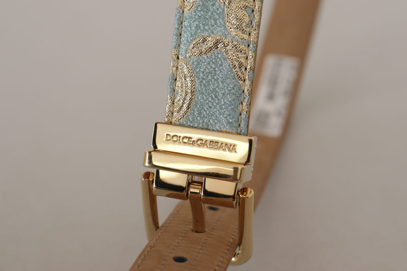 Blue Leather Jacquard Embossed Gold Metal Buckle Belt