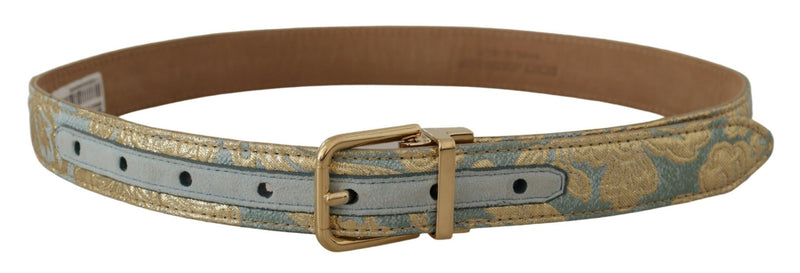 Blue Leather Jacquard Embossed Gold Metal Buckle Belt