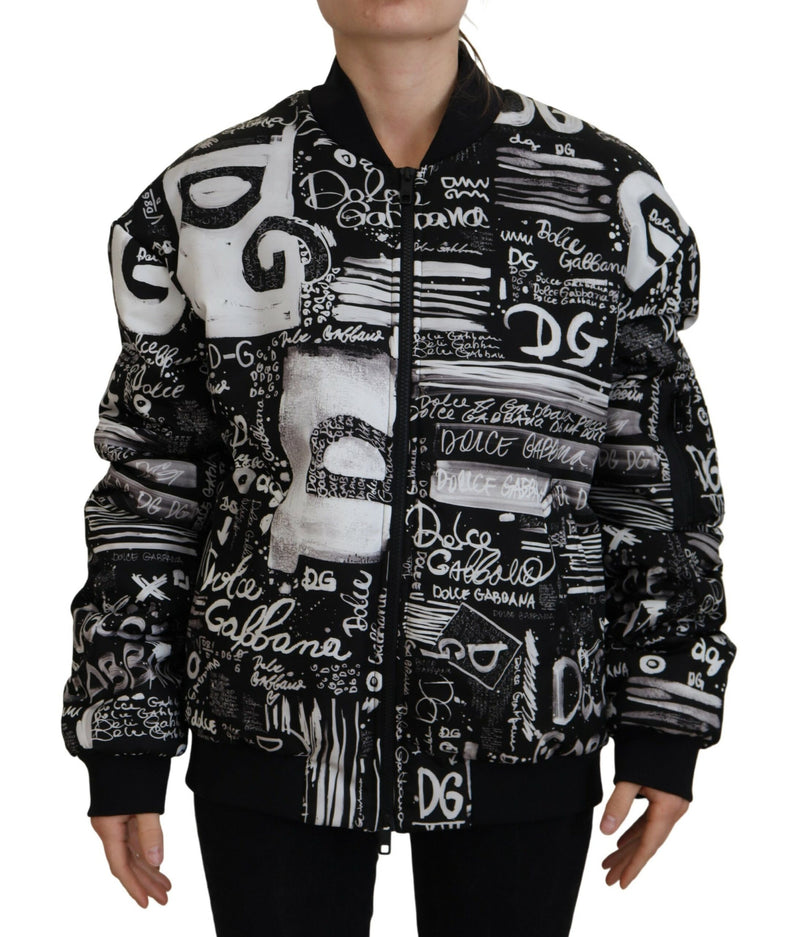 Black Printed Nylon Full Zip Bomber Jacket