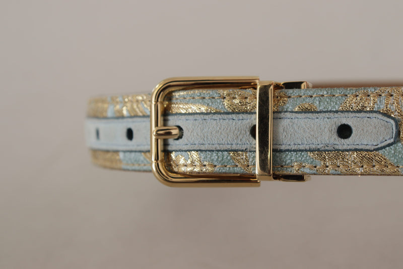 Blue Leather Jacquard Embossed Gold Metal Buckle Belt