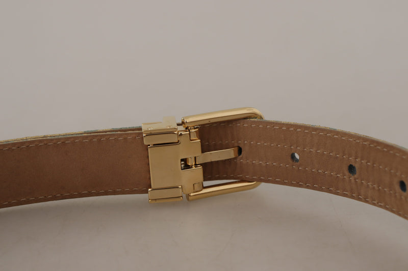 Blue Leather Jacquard Embossed Gold Metal Buckle Belt