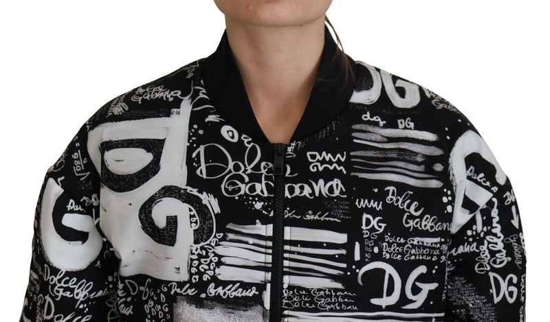 Black Printed Nylon Full Zip Bomber Jacket