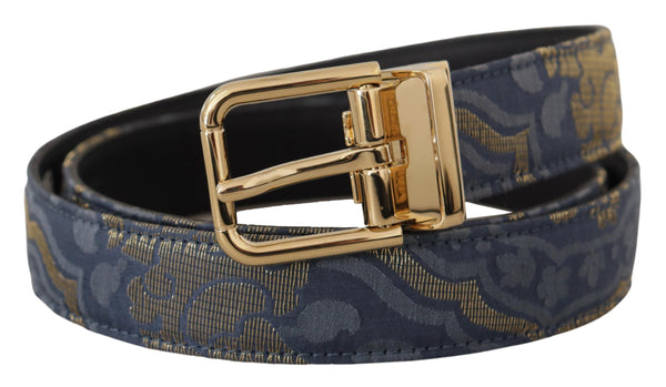 Navy Blue Jacquard Gold Tone Logo Metal Buckle Belt